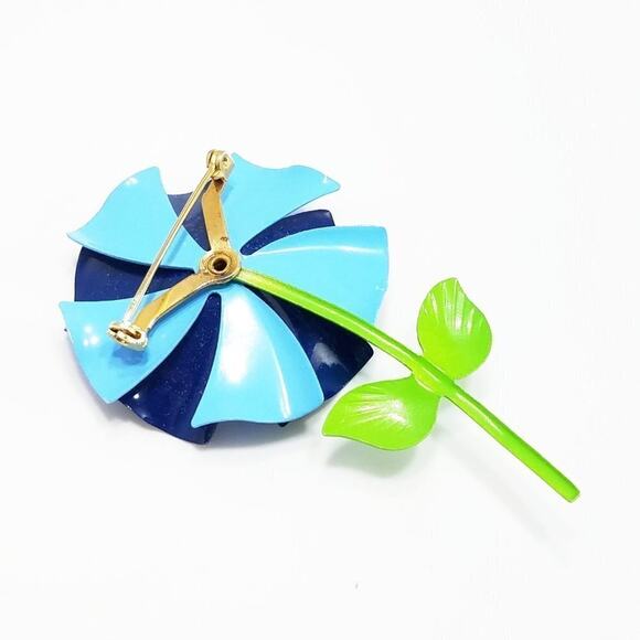 Vintage 1960s Blue Enamel Flower Brooch Green Stem Pinwheel Mod Floral Jewelry - Picture 6 of 8